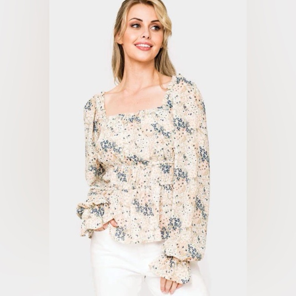 Gibson look Square Neck Smocked Waist Long Sleeve Blouse